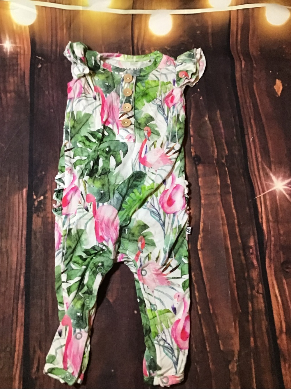 Little bum bums  tropical flamingo print ruffle romper size 3-6 months